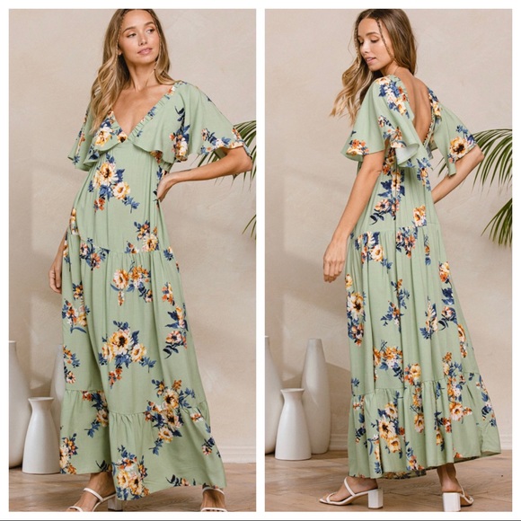 08 Most Fabulous Boho Chic Floral Flutter Sleeve V Neck Long Tier Maxi Dress - Picture 2 of 4